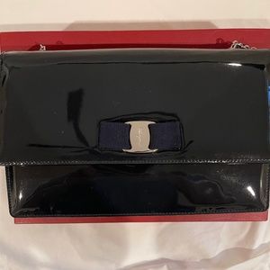 Ferragamo Ginny navy blue patent leather handbag
